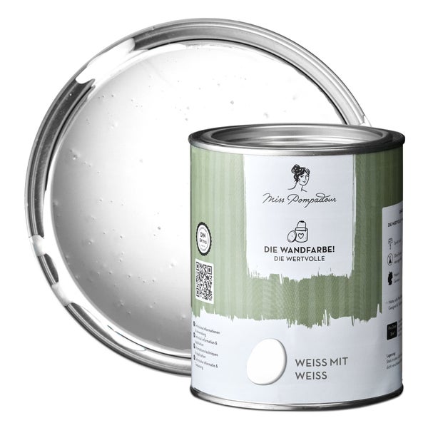 MissPompadour extramatte Wandfarbe 1L Weiß mit Weiß - sehr hohe Deckkraft - geruchsneutrale, spritzfreie Farbe - atmungsaktive, wasserbasierte Innenfarbe/Deckenfarbe - Die Wertvolle