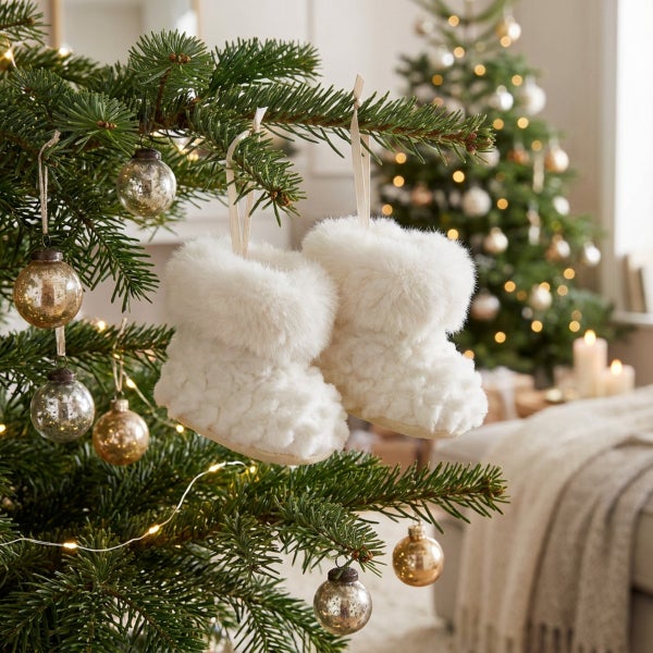 Weihnachtsbaumschmuck in Form von kleinen, flauschigen Stiefeln aus Kunstfell hängend an einem geschmückten Tannenbaum.