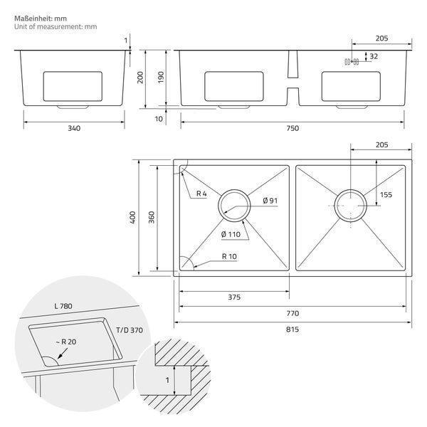 ML-Design Doppelspülbecken Edelstahl 81,5 x 40 cm, Küchenspüle rechteckig, 2 Becken, Einbauspüle Unterbauspüle, Edelstahlspüle mit Ab- und Überlaufgarnitur, Doppelbecken mit Siphon, Waschbecken Küche