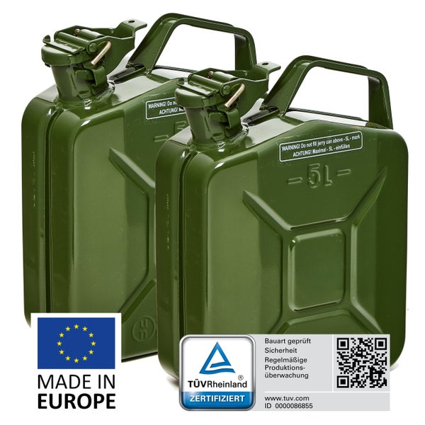 BW® Kraftstoffkanister Metall Benzinkanister 2x 5 Liter - Olivgrün - RAL 6003 - TÜV-geprüft und UN-Zulassung - Made in Europe