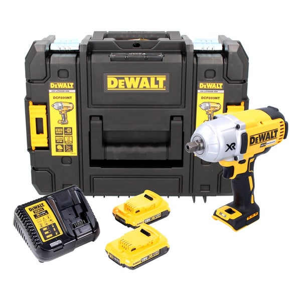 DeWALT Akku-Schlagschrauber Set DCF899 mit zwei Akkus, Ladegerät und Transportkoffer. DeWALT Logo.