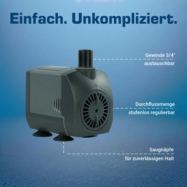Aquariumpumpe mit 3/4 Zoll Gewinde, stufenloser Durchflussregelung und Saugnäpfen für sicheren Halt.