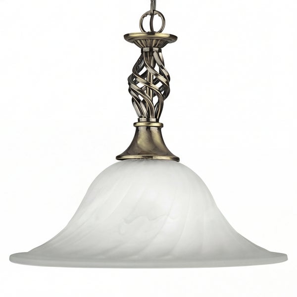 Hängelampe mit weißem Lampenschirm und dekorativem Metallelement