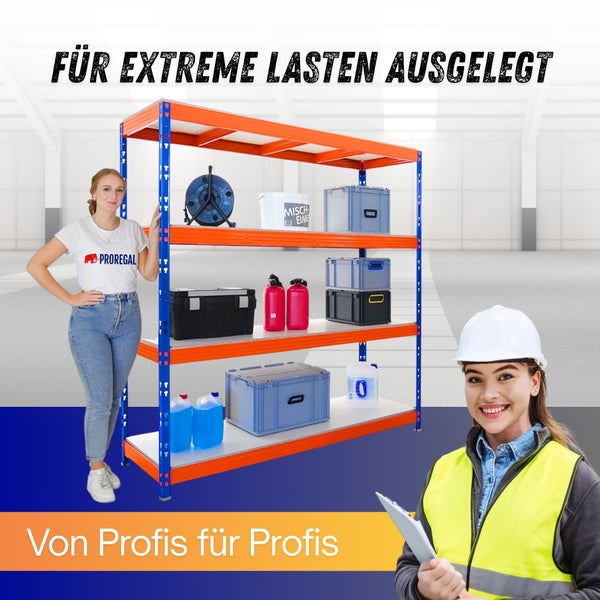 Schwerlastregal aus Metall mit vier Ebenen, beladen mit Werkzeug und Kanistern, präsentiert von Fachpersonal in heller Halle, ProRegal Logo.