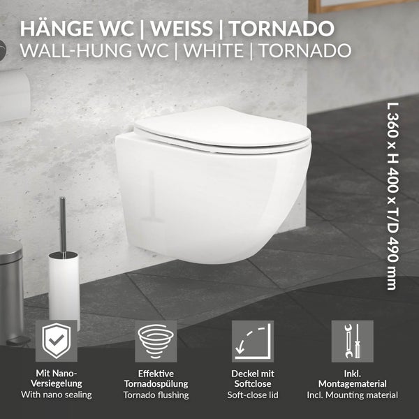 LuxeBath Wand WC Spülrandlos, Weiß, Tiefspüler Keramik Hänge WC, kurz 49 cm, Toilette ohne Spülrand mit Nano Beschichtung, Tornadospülung, Glänzende Kloschüssel Hängend mit WC-Sitz Absenkautomatik