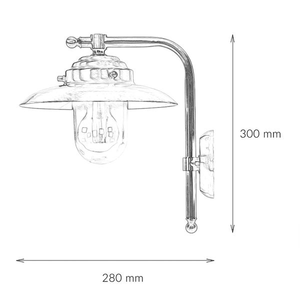 Skizze einer Wandleuchte mit den Maßen 300 mm Höhe und 280 mm Breite