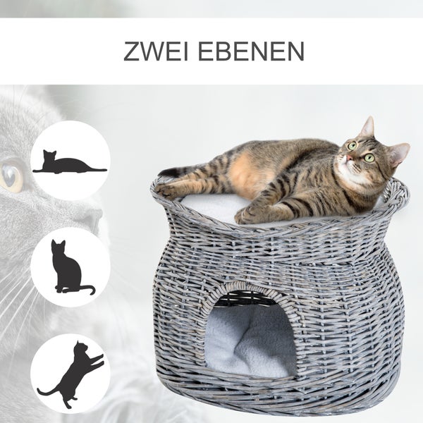 PawHut Rattan Weidenkorb für Katzen Katzenhütte mit 2 weichen Liegekissen Katzenkorb Haustierbett aus Wasserhyazinthe für Wohnzimmer Grau 56 x 37 x 40 cm