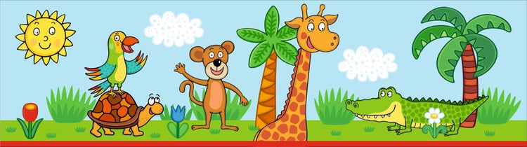 Illustration mit Sonne, Papagei, Schildkröte, Affe, Giraffe und Krokodil vor Palmen und Wolken