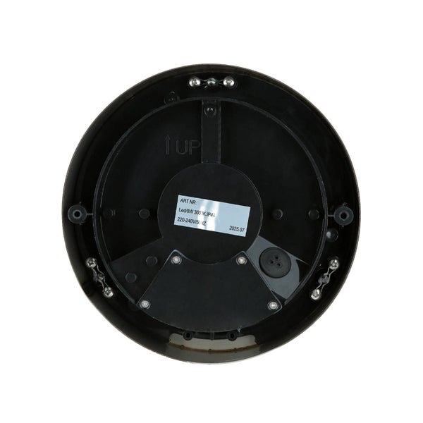 Rückseite einer runden LED-Leuchte mit Montageelementen und Anschlussdetails