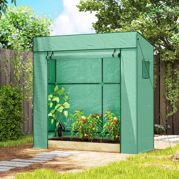 Folientunnel als Anzuchthaus für Tomaten im Garten mit aufgerollter Vorderseite auf Holzbeet