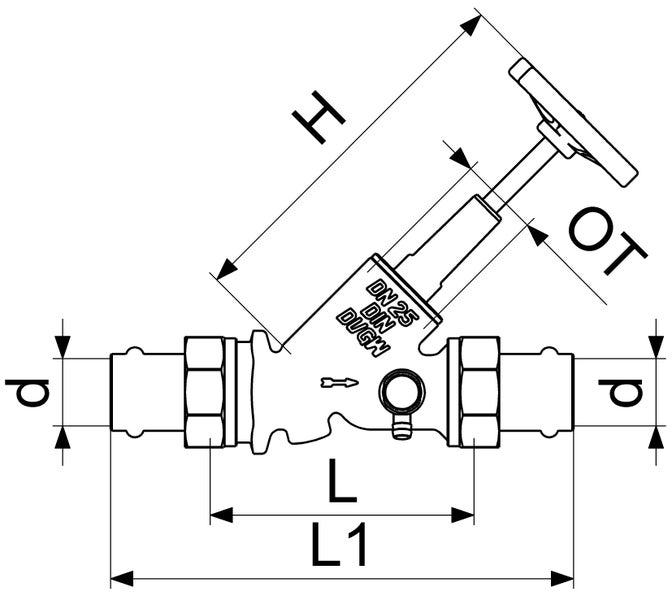 Maßzeichnung eines Schrägsitzventils mit Pressanschlüssen, Nennweite 25, DIN und DVGW zertifiziert.