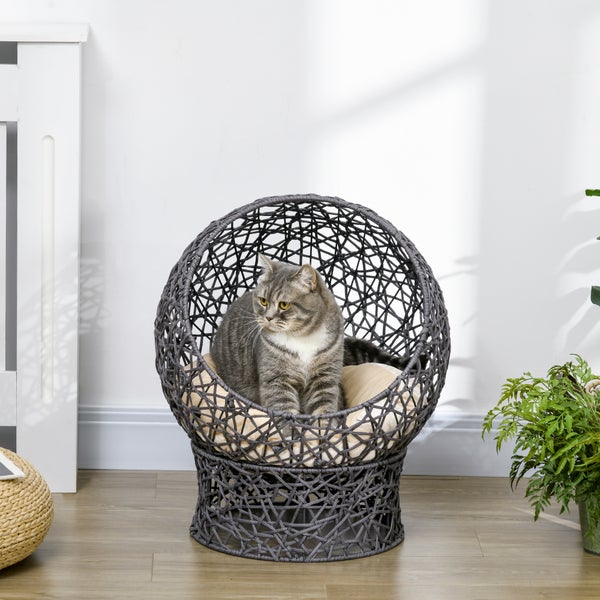 PawHut Rattan Katzenkorb, 50 x 50 x 60 cm, Stahldraht, Violett+Cremeweiß