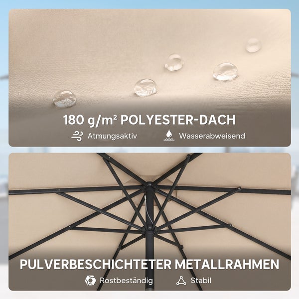 Sonnenschirm auf Holzterrasse mit Detailansicht des Kurbelmechanismus für einfaches Öffnen und Schließen.
