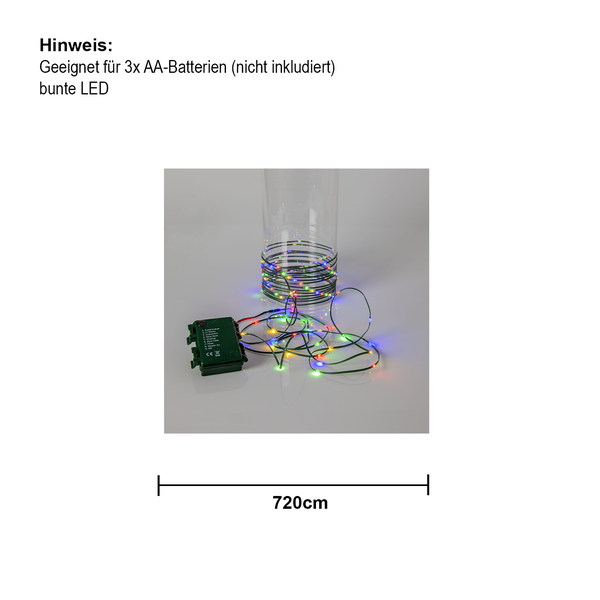 720 Zentimeter lange Lichterkette mit bunten LEDs und Batteriefach