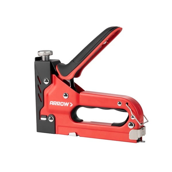 Arrow Handtacker aus Metall und Kunststoff in Rot und Schwarz mit ergonomischem Griff.