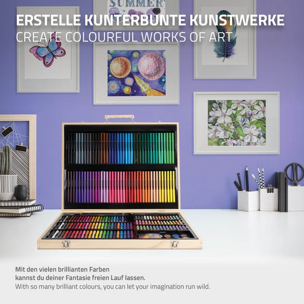 ECD Germany 220-Teiliges Malset mit Holzkoffer, Malkoffer, XXL Malkasten, Kunst- und Zeichenset, Acrylfarben Buntstifte Farbstifte Wachsmalstifte Aquarell & Zubehör, Zeichnen Künstler Set Kunstbedarf