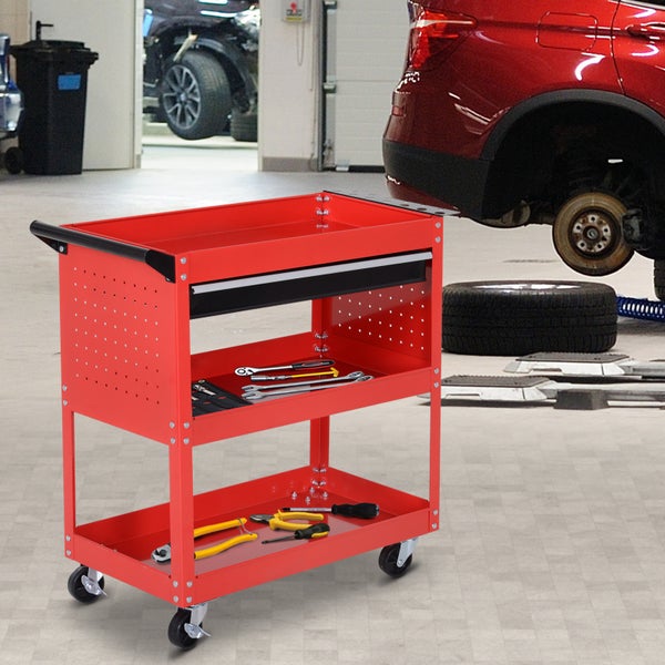 HOMCOM, Werkstatt-Rollwagen, Werkzeugwagen, 82L x 35B x 76H cm, Stahl, Schwarz+rot