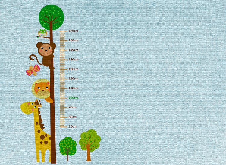 Messlatte für Kinder mit Baum-Motiv und Tieren wie Giraffe, Löwe und Affe, Messbereich von 70 bis 170 Zentimeter.