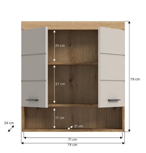 Moderner Badezimmer-Hängeschrank mit hellgrauen Fronten, schwarzen Griffen und einem offenen Fach in Holzoptik.