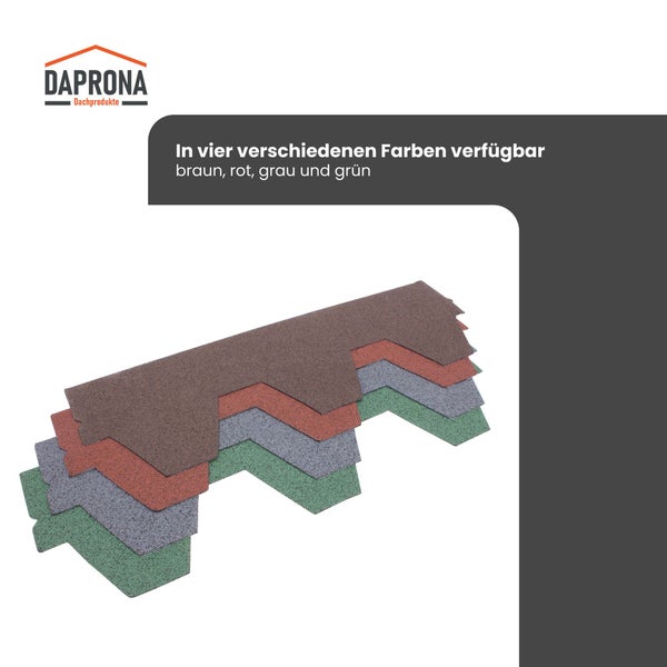 Daprona Logo. Dachschindeln in vier verschiedenen Farben verfügbar: braun, rot, grau und grün.
