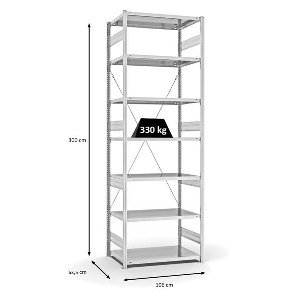 PROREGAL Fachbodenregal Stecksystem T-Profil Heavy-Duty Grundregal HxBxT 300 x 100 x 60 cm 7 Ebenen Fachlast 330 kg Einseitig Nutzbar Lichtgrau