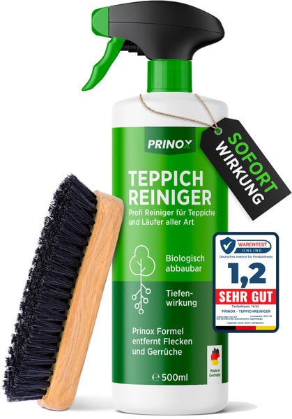 PRINOX® Profi Teppichreiniger 500ml - Teppichboden Reiniger inkl. Teppich Bürste, schäumend für alle Teppiche - Teppich Reinigungsmittel & Fleckenentferner aus Deutschland