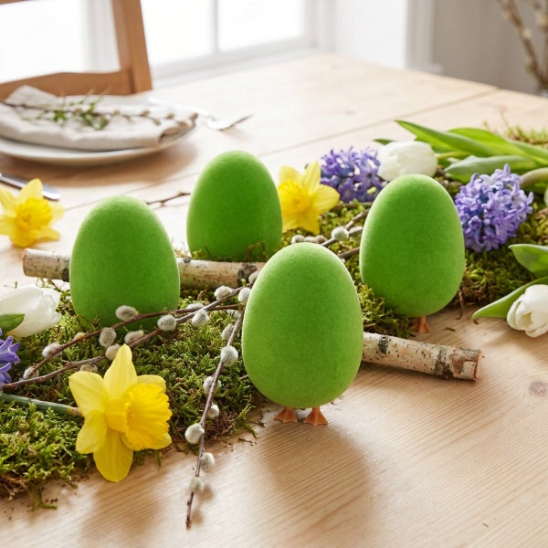 Osterdekoration mit beflockten Eiern auf Moos mit Birkenzweigen und Frühlingsblumen auf einem Holztisch.