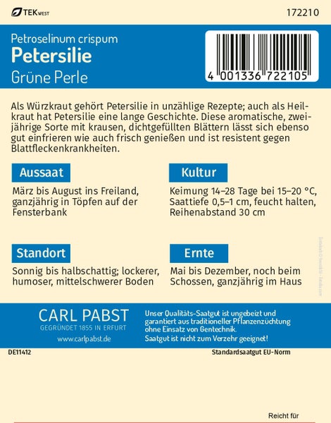 Rückseite der Samentüte Carl Pabst Petersilie Grüne Perle mit Informationen zu Aussaat, Kultur, Standort und Ernte.