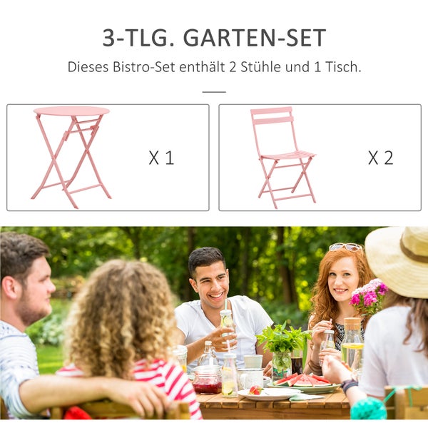 Outsunny 3-tlg. Gartenmöbel-Set, Bistrotisch mit 2 Stühlen, für Hof, Garten, klappbar, Metall, Ø60L x 71H cm, Rosa
