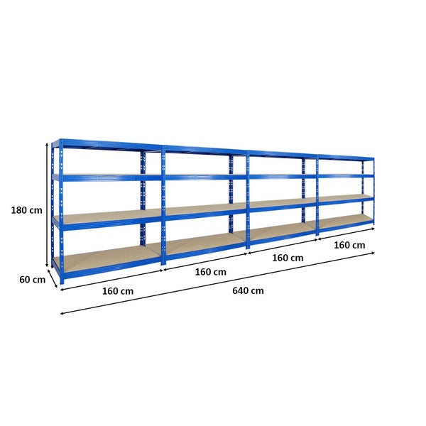 PROREGAL Mega Deal 4x Profi Schwerlastregal Rhino HxBxT 180 x 160 x 60 cm 4 Spanplatten-Ebenen 8mm Fachlast 500 kg Blau