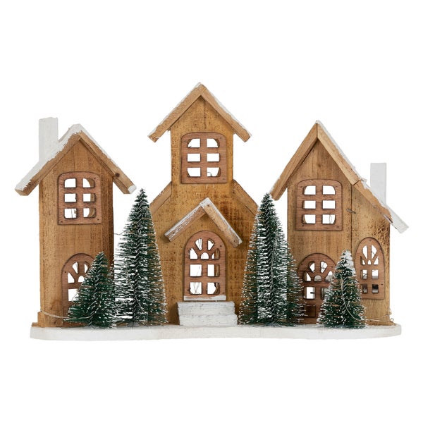 ECD Germany LED Holz Weihnachtsdorf, 38x12x27 cm, 20 LEDs warmweißes Licht, Weihnachtsdekoration, Winterdorf batteriebetrieben (2xAA), Weihnachtsstadt, Deko Häuser, Weihnachtsszene mit Beleuchtung