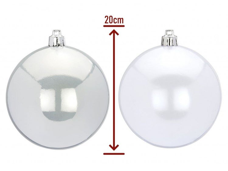 Zwei glänzende Weihnachtskugeln mit einem Durchmesser von 20 Zentimeter zur Dekoration.