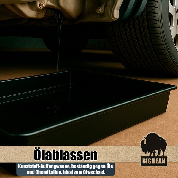 Kunststoff Auffangwanne unter einem Auto beim Ablassen von Motoröl für den Ölwechsel mit Big Dean Logo