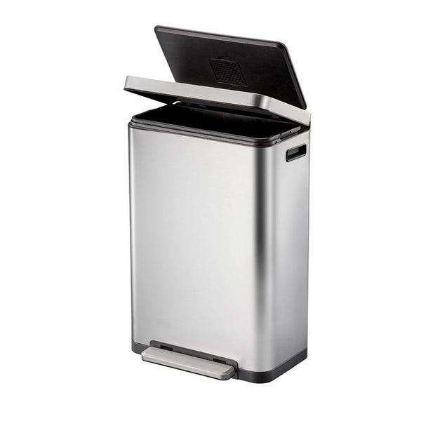 PROREGAL Stilvoller Rechteckiger Treteimer Mit Extra Breitem Pedal & Gedämpften Stay Open Deckel HxBxT 63,7 x 36,2 x 29,7 cm 30 Liter Silber