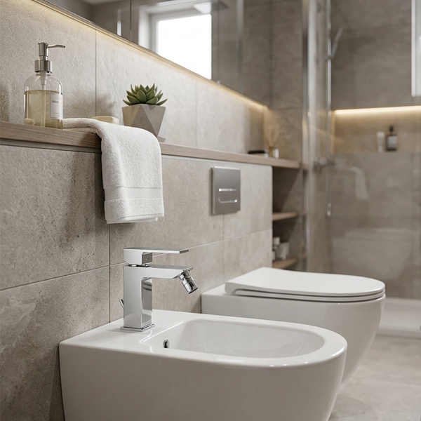 Modernes Badezimmer mit weißem Keramik-Bidet, Chrom-Armatur, Hänge-WC, hellgrauen Fliesen in Steinoptik und Holzregal.