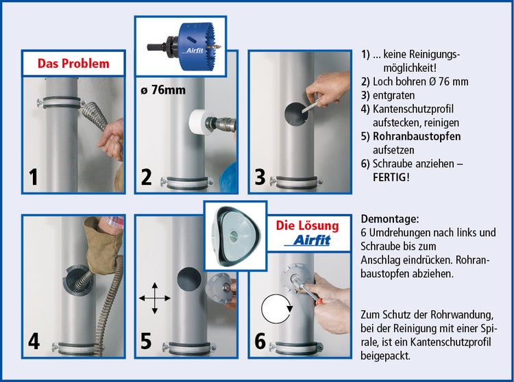 Illustrierte Montageanleitung für den Airfit Rohranbaustopfen zur einfachen Nachrüstung einer Reinigungsöffnung in ein Abflussrohr.