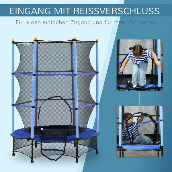 Blaues Gartentrampolin mit Sicherheitsnetz und Reißverschluss