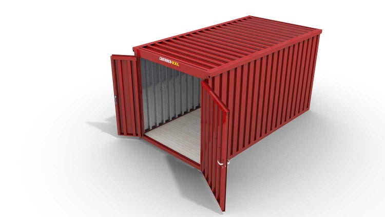 Lagercontainer Gerätehaus XXL  – 12 qm, H2150 x B6080 x T2170 mm, Außenwandlackierung RAL 3000 feuerrot, Dach außen verzinkt, mit Holzfußboden, 1830 mm Doppelflügeltür mittig in Stirnseite, montiert