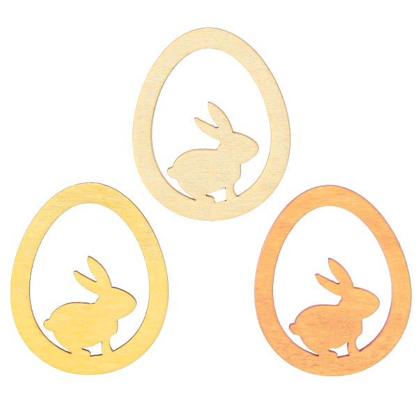 Osterdeko aus Holz, drei Eier mit Hasen-Ausschnitt.