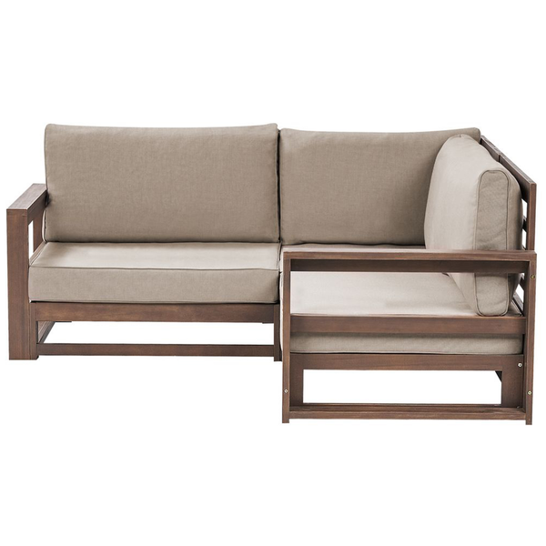 Gartenlounge-Ecke aus Holz mit beigen Kissen