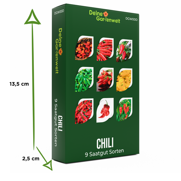 Deine Gartenwelt Chili-Samen-Set mit 9 Sorten in einer grünen Box, Maße 13,5 Zentimeter hoch und 2,5 Zentimeter tief.