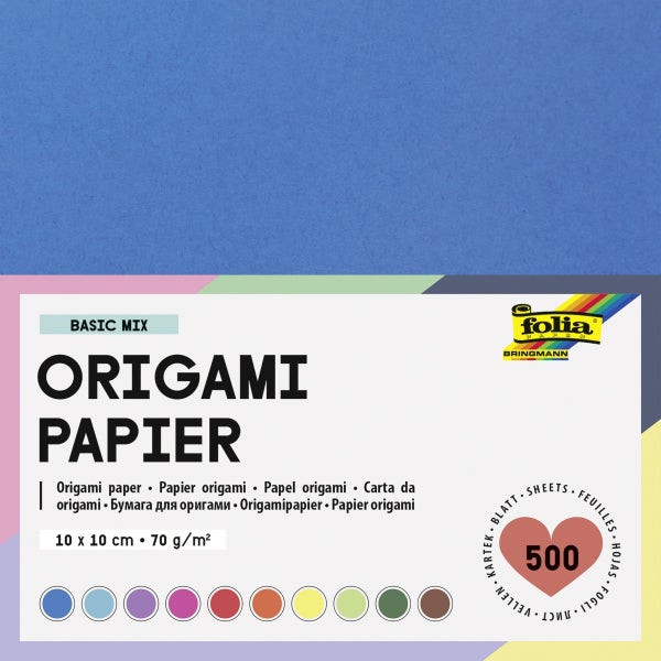 folia Origami-Papier Basic Mix, 500 Blatt, 10 mal 10 Zentimeter, 70 Gramm pro Quadratmeter in verschiedenen Farben.