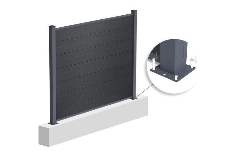 WPC Sichtschutzzaun in Anthrazit mit Pfostenmontage auf einem Fundament und Detailansicht der Verschraubung der Bodenplatte.