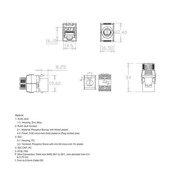 Technische Zeichnung eines Kategorie 8 RJ45 Keystone Moduls mit Maßangaben in Millimetern und Materialangaben.