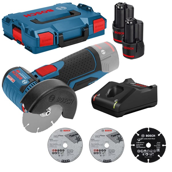 Bosch Professional Akku-Winkelschleifer GWS 12V-76 Set mit L-BOXX, zwei 12 Volt Akkus, Ladegerät und drei Trennscheiben.