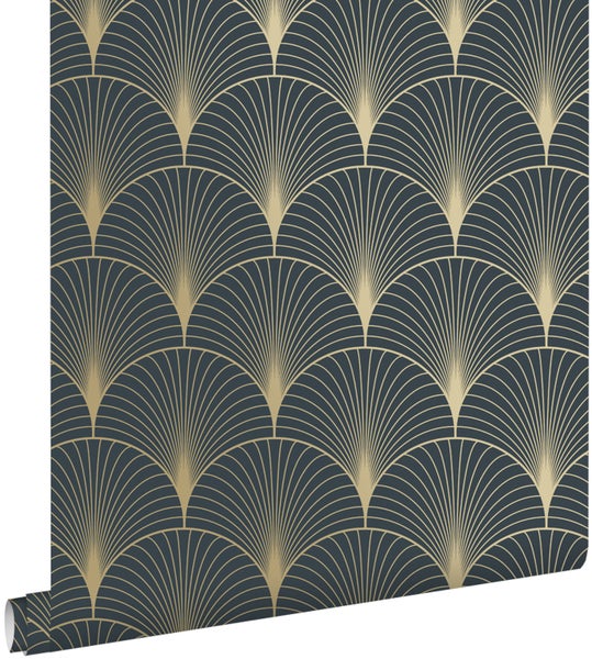 ESTAhome Tapete Art Decó Muster Dunkelblau und Gold - 0,53 x 10,05 m - 139231