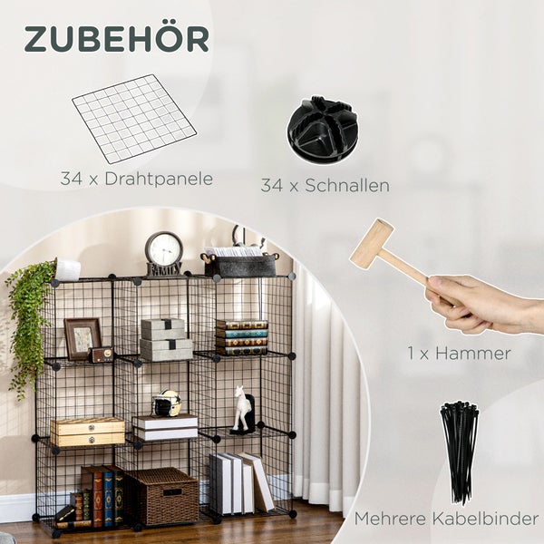 HOMCOM Regalsystem, Steckregal aus Stahldraht, DIY Würfelregal, 9 Fächer, Drahtgitter, Schuhregal, Stufenregal für Wohnzimmer, Kinderzimmer, Schlafzimmer, Schwarz, 35 x 35 x 35 cm je Würfel