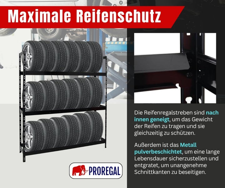 Proregal Reifenregal aus pulverbeschichtetem Metall mit drei Ebenen für die Lagerung von Reifen. Proregal Logo.
