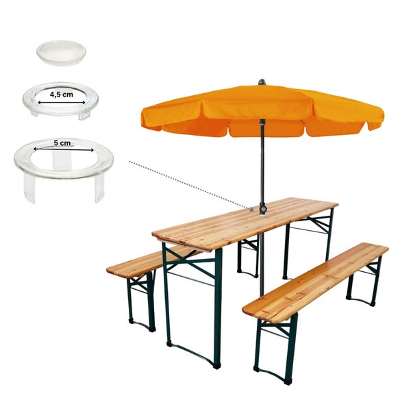Bierzeltgarnitur mit Sonnenschirm und Zubehör zur Schirmbefestigung mit Größenangaben