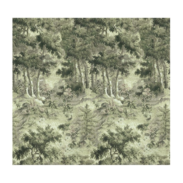 Vliestapete mit Waldmotiv, Bäume und Pflanzen, grün und beige, gewebte Optik.